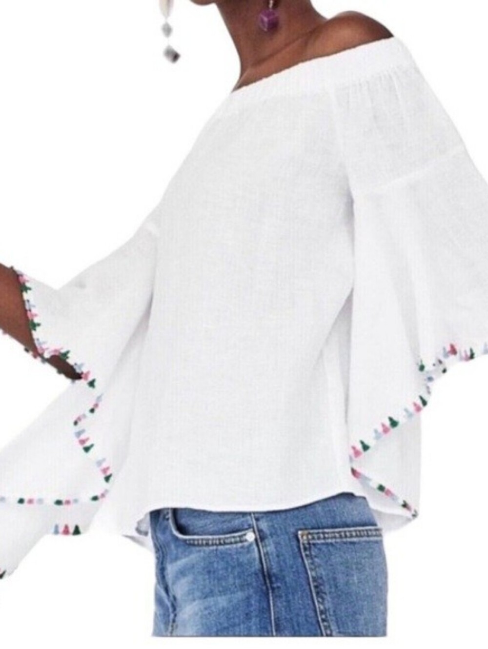 ZARA Off-Shoulder White 100% Linen Flutter Sleeve Colored Tassel Blouse | SZ XS - Picture 2 of 9